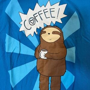I Love Coffee t-shirt with sloth holding a coffee mug, bold colors